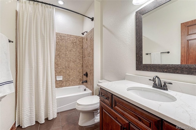 10459 Rivington Ct, Lone Tree, CO 80124 - full bath with toilet, shower / bathtub combination with curtain, vanity, tile patterned flooring, and a textured wall