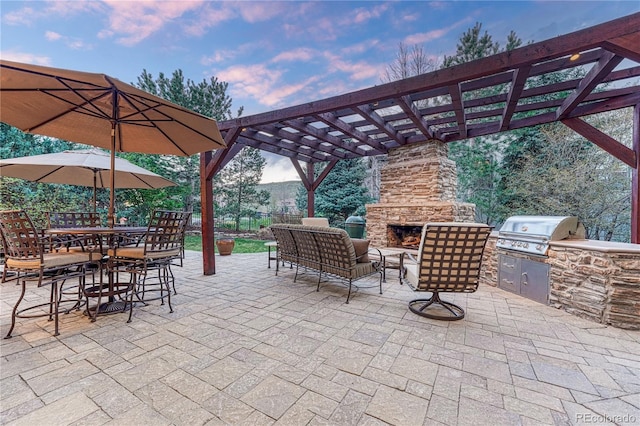 10459 Rivington Ct, Lone Tree, CO 80124 - view of patio / terrace with a pergola, an outdoor stone fireplace, and outdoor dining area