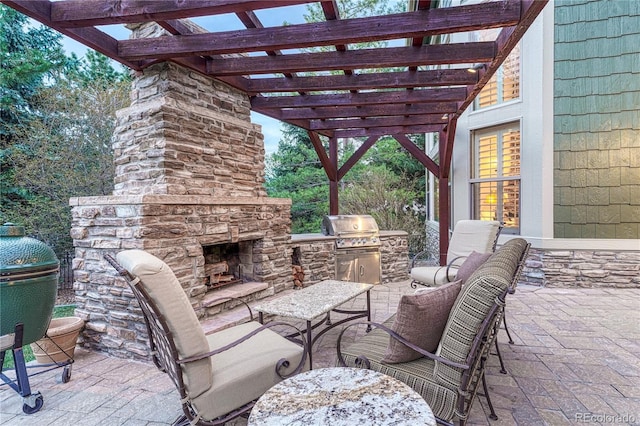 10459 Rivington Ct, Lone Tree, CO 80124 - view of patio with an outdoor stone fireplace and a pergola