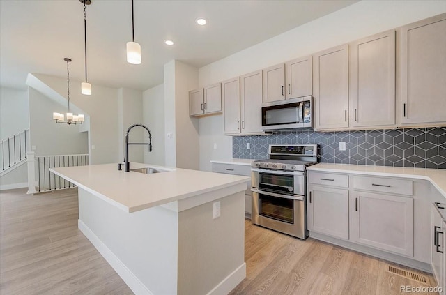 kitchen with appliances with stainless steel finishes, a sink, decorative backsplash, light countertops, and recessed lighting