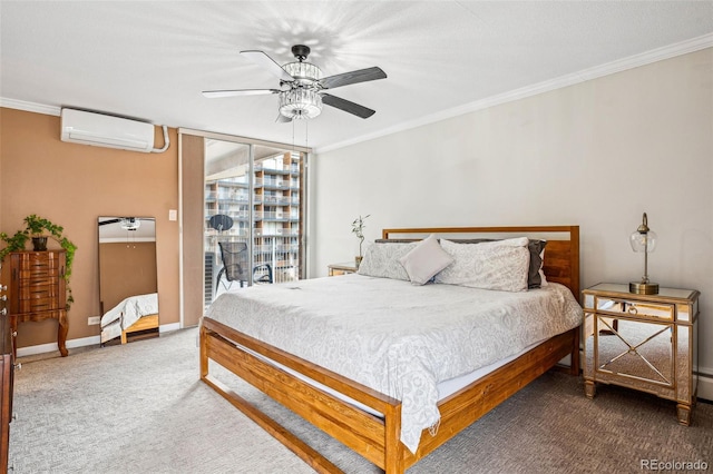 bedroom with carpet, baseboards, crown molding, and a wall mounted air conditioner