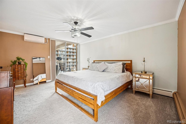 bedroom with ornamental molding, baseboards, a wall mounted air conditioner, and carpet flooring