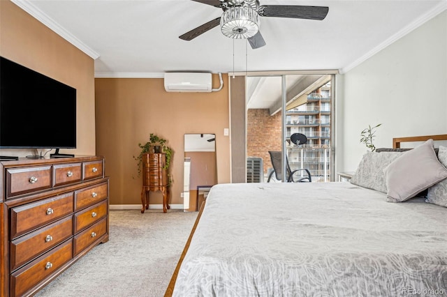 bedroom featuring light carpet, an AC wall unit, baseboards, and crown molding