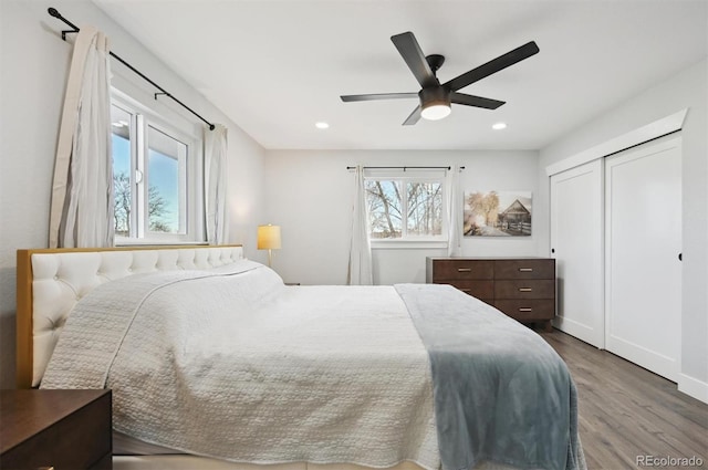 bedroom featuring hardwood / wood-style flooring, ceiling fan, and a closet