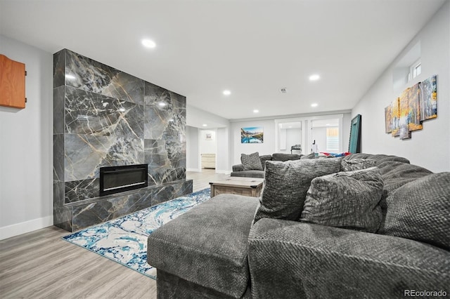 living room featuring a premium fireplace and hardwood / wood-style floors