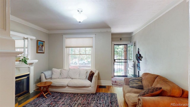 126 S Clarkson St, Denver, CO 80209 - living area with wood finished floors, a glass covered fireplace, and crown molding