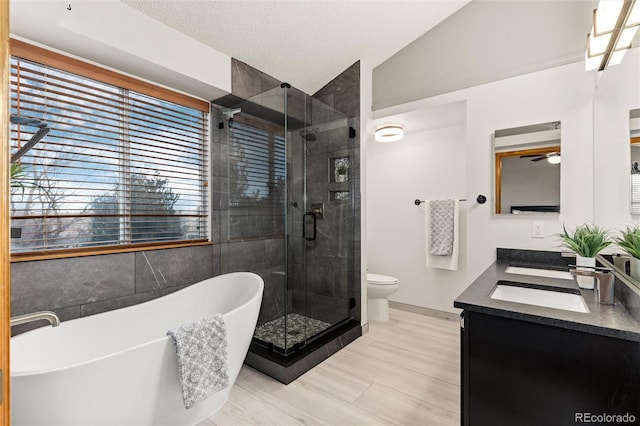 7636 S Allison Ct, Littleton, CO 80128 - bathroom featuring double vanity, a soaking tub, plenty of natural light, a shower stall, and vaulted ceiling