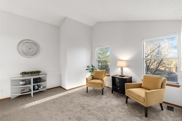 7636 S Allison Ct, Littleton, CO 80128 - living area featuring vaulted ceiling and carpet flooring