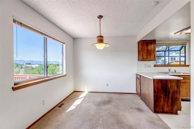 kitchen with sink, a textured ceiling, decorative light fixtures, a mountain view, and light colored carpet