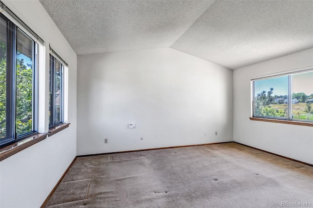 empty room with a wealth of natural light, lofted ceiling, and carpet flooring