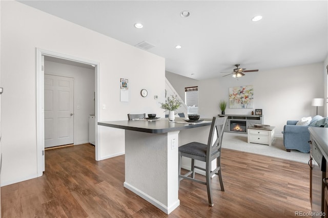 5536 Kirk St, Denver, CO 80249 - kitchen featuring a kitchen bar, ceiling fan, dark wood-style flooring, a glass covered fireplace, and recessed lighting