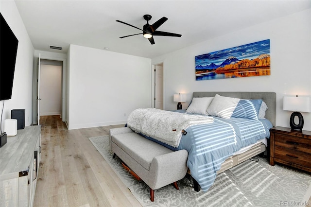 bedroom featuring ceiling fan and light wood-type flooring