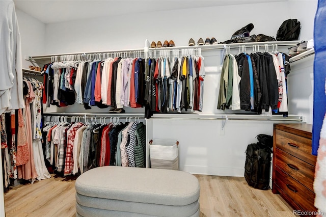 walk in closet with light hardwood / wood-style floors