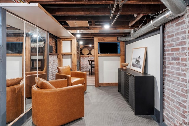 623 S Logan St, Denver, CO 80209 - living room featuring carpet and brick wall