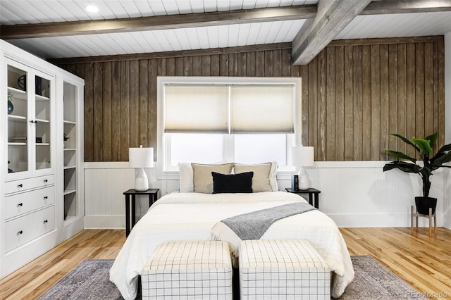 623 S Logan St, Denver, CO 80209 - bedroom featuring wood walls, a wooden ceiling with exposed beams, and light wood finished floors