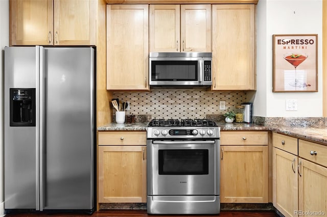 623 S Logan St, Denver, CO 80209 - kitchen with appliances with stainless steel finishes, light brown cabinets, decorative backsplash, stone countertops, and dark wood-type flooring