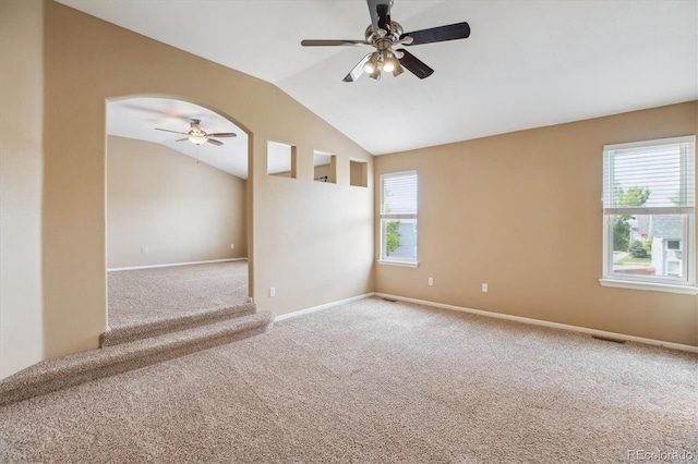 4016 S Rome St, Aurora, CO 80018 - carpeted empty room with a ceiling fan, lofted ceiling, and baseboards