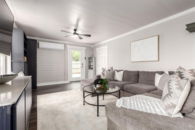 1946 Xenia St, Denver, CO 80220 - living room with ornamental molding, a ceiling fan, dark wood-type flooring, and a wall mounted AC