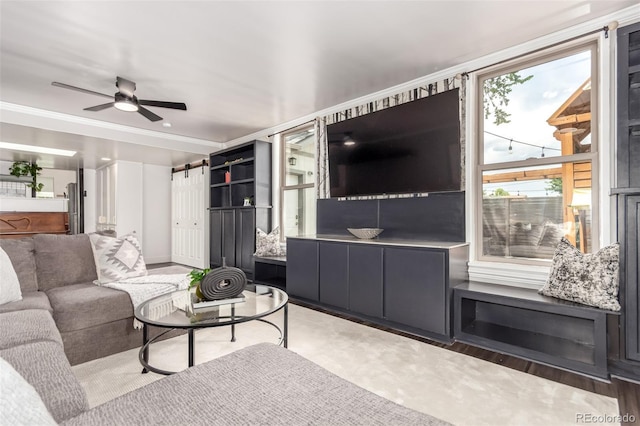 1946 Xenia St, Denver, CO 80220 - living room with a barn door, healthy amount of natural light, ceiling fan, and ornamental molding