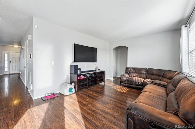 living room featuring dark wood-type flooring