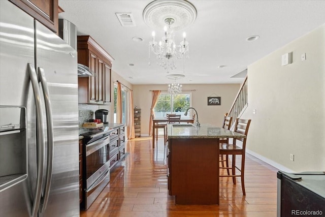 kitchen featuring appliances with stainless steel finishes, an island with sink, a kitchen breakfast bar, sink, and a chandelier