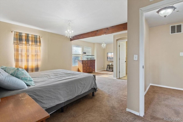 bedroom with light carpet, beam ceiling, and a notable chandelier