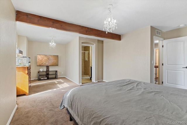 carpeted bedroom featuring ensuite bathroom, a chandelier, and beamed ceiling