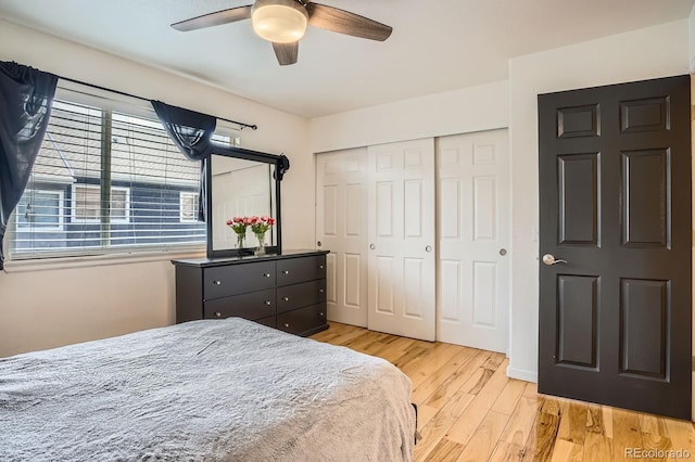 8751 Pearl St Unit J3, Thornton, CO 80229 - bedroom with light wood-style flooring, a closet, and a ceiling fan