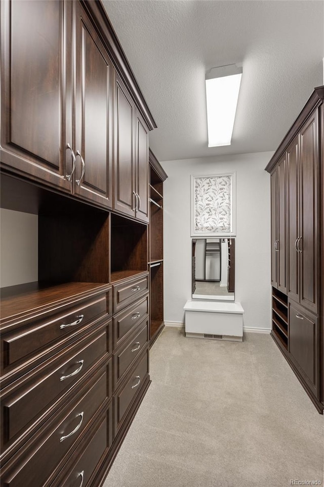 spacious closet featuring light carpet