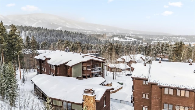 snowy aerial view with a mountain view