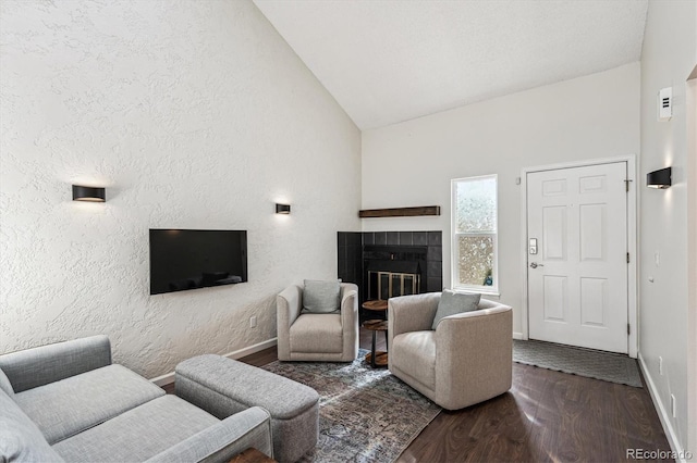 10309 W Fair Ave Unit E, Littleton, CO 80127 - living area featuring wood finished floors, baseboards, a fireplace, and high vaulted ceiling