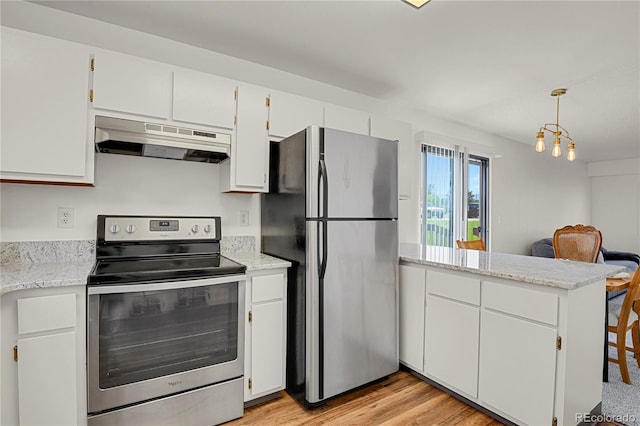 5501 Denmark Ct, Colorado Springs, CO 80918 - kitchen with stainless steel appliances, under cabinet range hood, a peninsula, light wood-style floors, and open floor plan