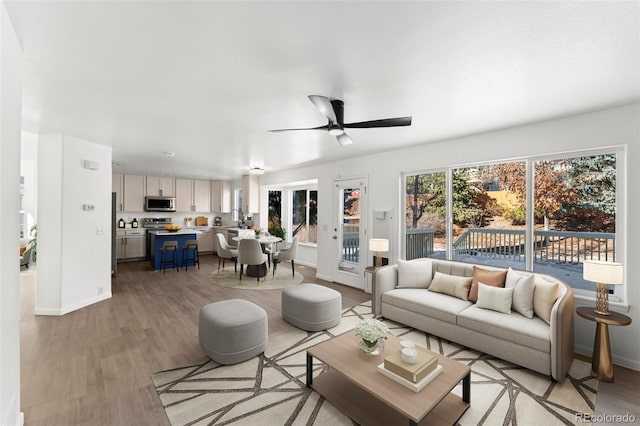 living room featuring ceiling fan and light wood-type flooring