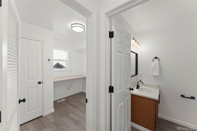 bathroom with vanity and wood-type flooring