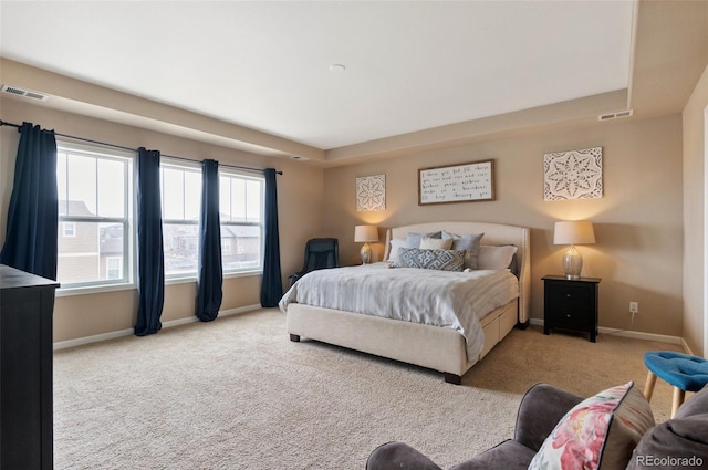 bedroom with carpet, baseboards, and a tray ceiling