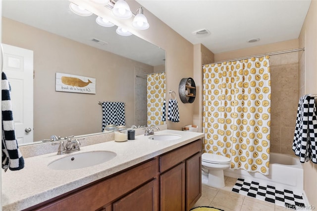full bath featuring tile patterned floors, toilet, double vanity, and shower / bathtub combination with curtain