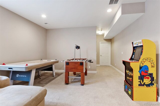 playroom with light carpet, baseboards, and recessed lighting