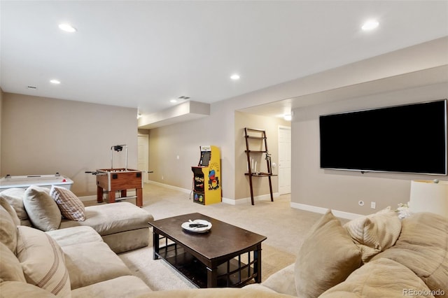living room with light carpet, recessed lighting, and baseboards