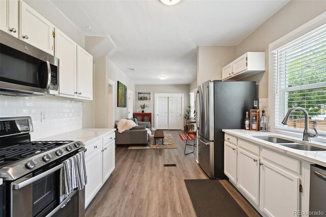 1456 Syracuse St, Denver, CO 80220 - kitchen with stainless steel appliances, a sink, tasteful backsplash, and light wood-type flooring