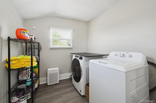 1456 Syracuse St, Denver, CO 80220 - laundry room featuring washer and clothes dryer, wood finished floors, and baseboards