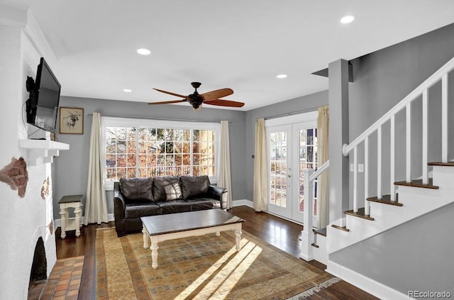 5725 W Mississippi Ave, Lakewood, CO 80226 - living room with french doors, a ceiling fan, stairs, recessed lighting, and baseboards
