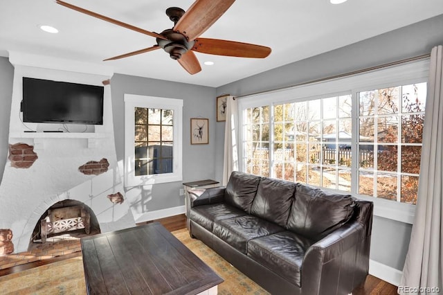 5725 W Mississippi Ave, Lakewood, CO 80226 - living room with a ceiling fan, baseboards, recessed lighting, and wood finished floors