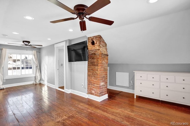 5725 W Mississippi Ave, Lakewood, CO 80226 - unfurnished living room with a ceiling fan, baseboards, hardwood / wood-style flooring, decorative columns, and recessed lighting