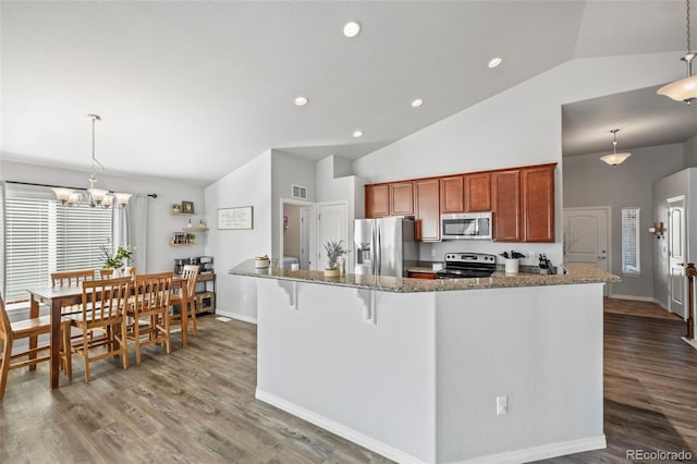 kitchen featuring appliances with stainless steel finishes, dark wood-type flooring, and hanging light fixtures