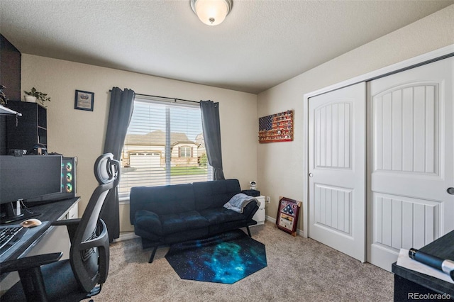 office space with carpet flooring and a textured ceiling