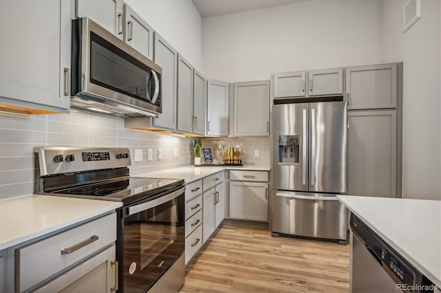 487 Interlocken Blvd Unit 104, Broomfield, CO 80021 - kitchen featuring appliances with stainless steel finishes, light countertops, decorative backsplash, light wood-type flooring, and gray cabinetry