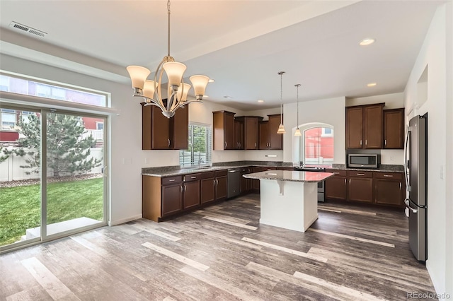 133 Poppy View Ln, Erie, CO 80516 - kitchen featuring stainless steel appliances, plenty of natural light, wood finished floors, and recessed lighting