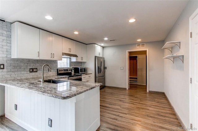 3607 Dinosaur St, Castle Rock, CO 80109 - kitchen with appliances with stainless steel finishes, a sink, light stone countertops, light wood-type flooring, and decorative backsplash