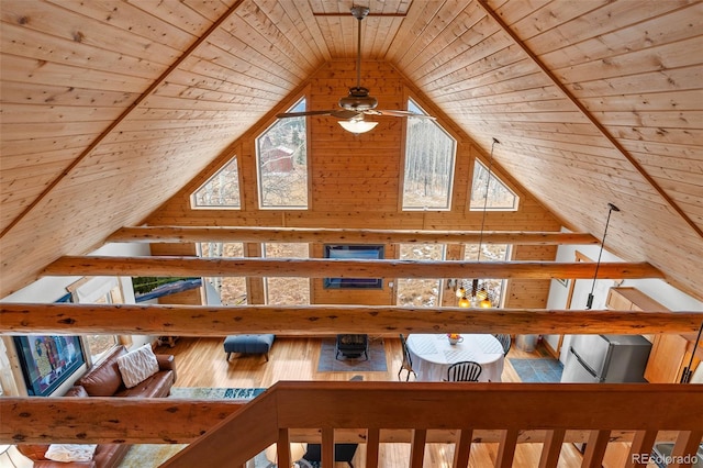 interior space with high vaulted ceiling, beamed ceiling, ceiling fan, and wooden ceiling