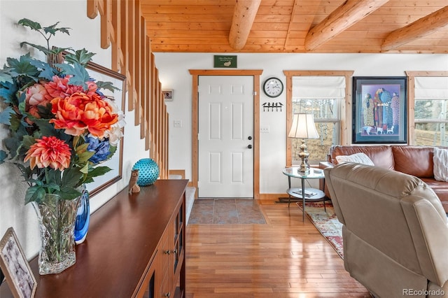 112 Apache Trl, Jefferson, CO 80456 - foyer entrance with wood ceiling with exposed beams and hardwood / wood-style flooring